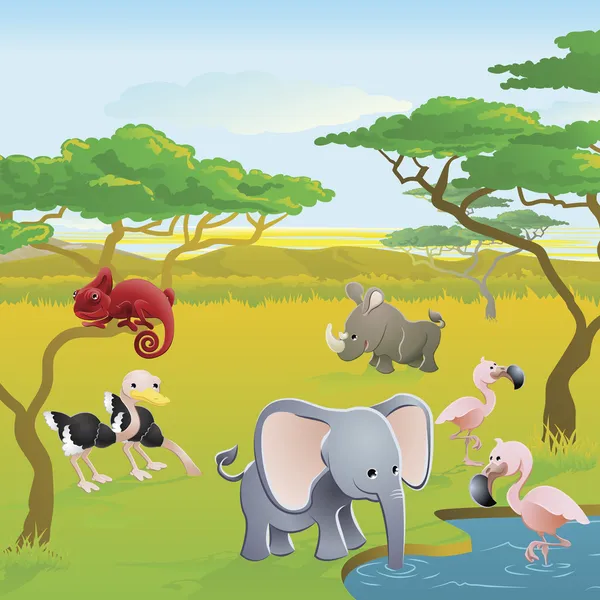 Χαριτωμένο αφρικανικό σαφάρι ζώων γελοιογραφία σκηνή — Διανυσματικό Αρχείο