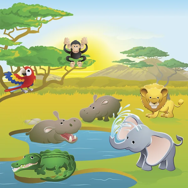 Lindo safari africano animal escena de dibujos animados — Vector de stock