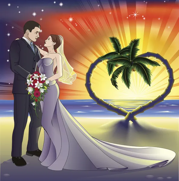Ilustración de boda de playa tropical — Vector de stock
