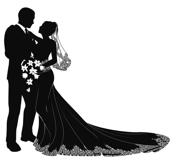 Silhouet van bruid en bruidegom — Stockvector