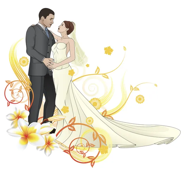 Noiva e noivo dançando fundo floral — Vetor de Stock