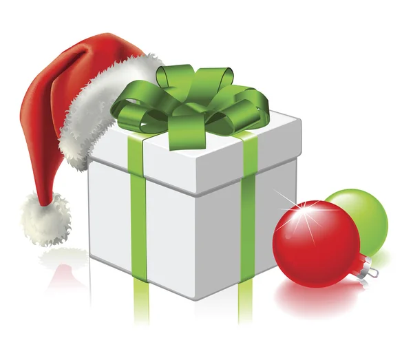 Presente de Natal com chapéu de Santa e Baubles —  Vetores de Stock