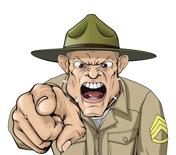 Karikatur wütender Armeeübungsfeldwebel schreit — Stockvektor