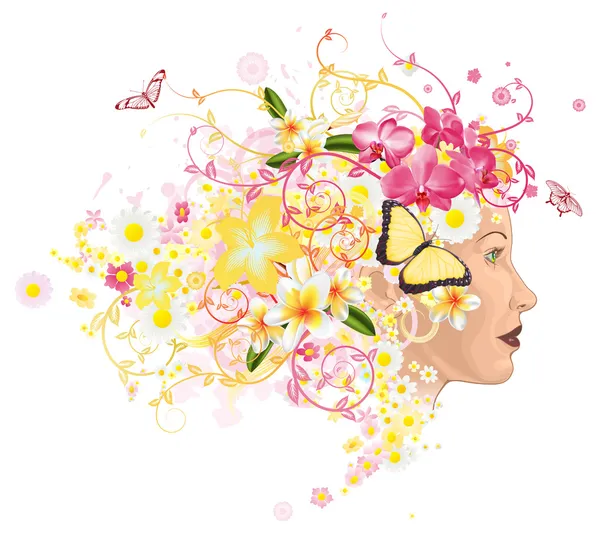Belle femme avec des cheveux faits de fleurs — Image vectorielle