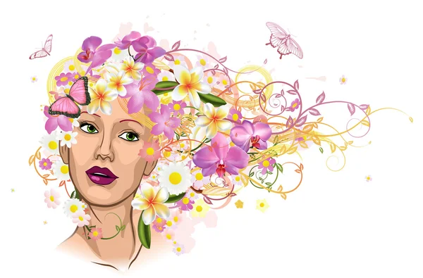Mulher bonita com cabelo feito de flores — Vetor de Stock