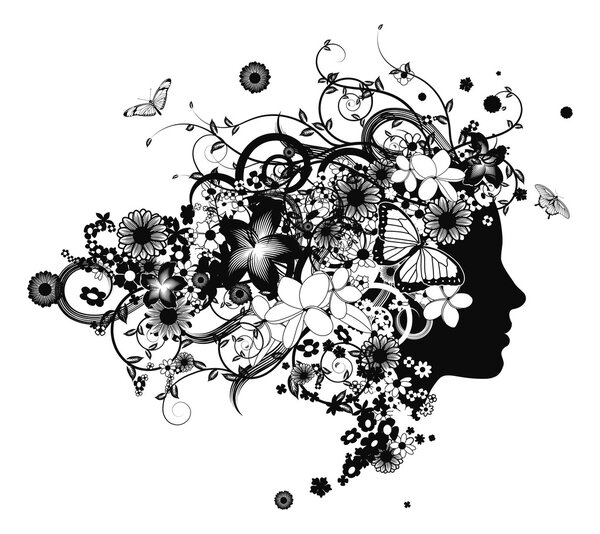 Beautiful woman with hair made of flowers