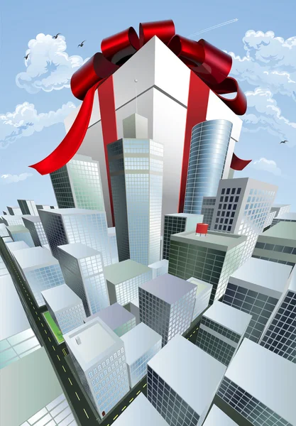 Giant gift in city — Stock Vector
