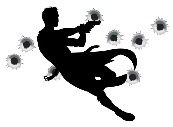 Actie held in pistool strijd silhouet — Stockvector