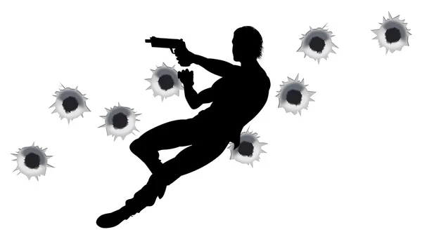 Action hero in gun fight silhouette — Stock Vector