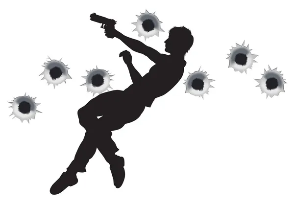 Azione eroe nella silhouette lotta pistola — Vettoriale Stock