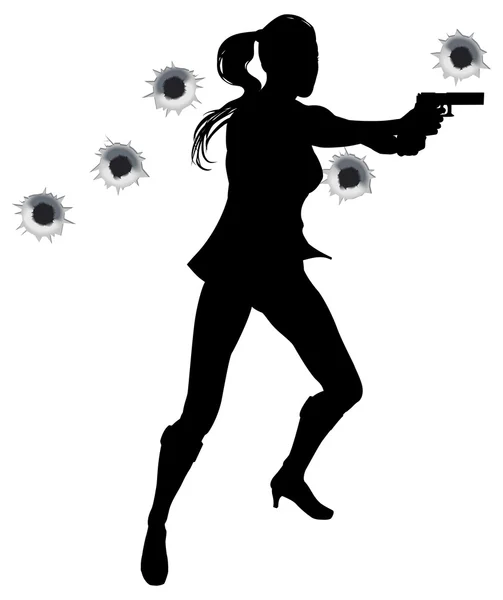 Woman action hero in gun fight silhouette — Stock Vector