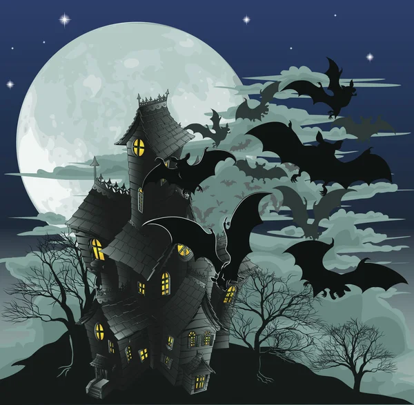 Casa infestata e pipistrelli illustrazione — Vettoriale Stock