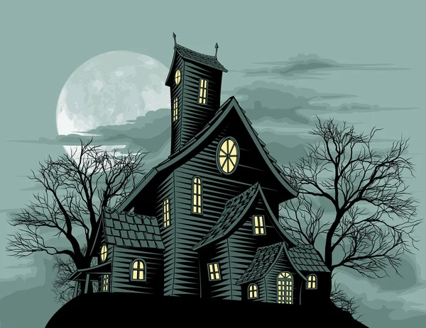 Creepy haunted ghost house scene illustration — Stockvector