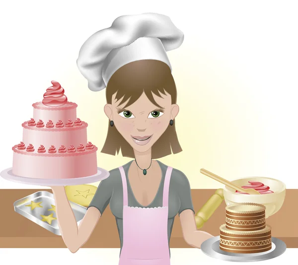 Junge Frau backt Kuchen und Plätzchen — Stockvektor
