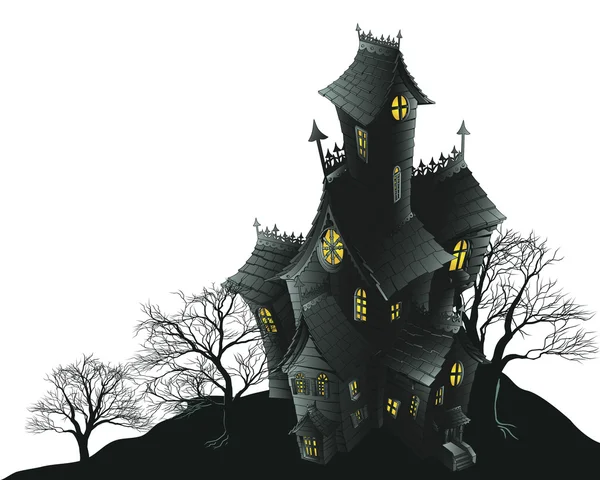 Casa embrujada de miedo y árboles ilustración — Vector de stock