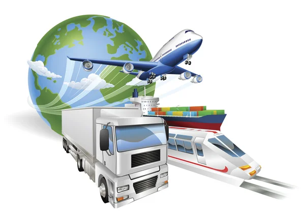 Globale logistiek concept vliegtuig vrachtwagen trein schip — Stockvector