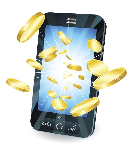 Arany érmék repül ki a okos mobiltelefon — Stock Vector