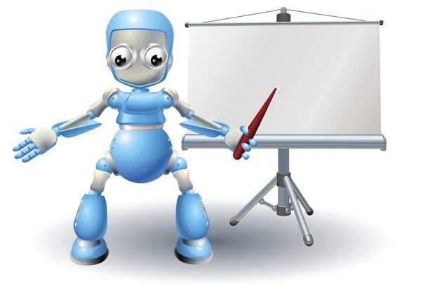Eine Robotermaskottchen-Figur, die auf Rollenbildschirm präsentiert wird — Stockvektor