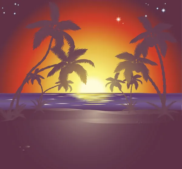 Ilustrace scény krásné pláži při západu slunce — Stockový vektor
