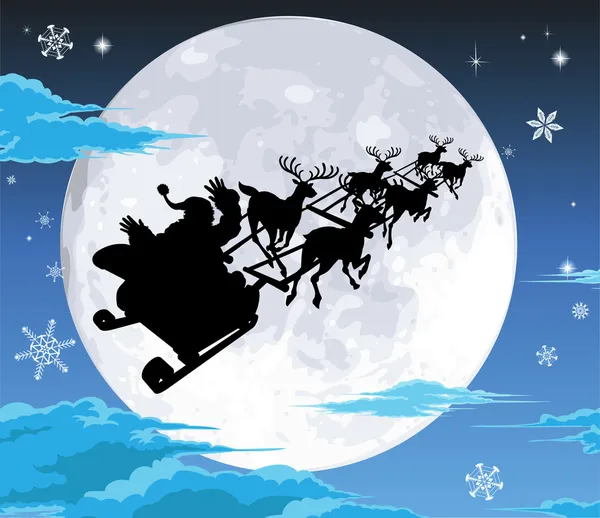 Weihnachtsmann in Schlittensilhouette gegen Vollmond — Stockvektor