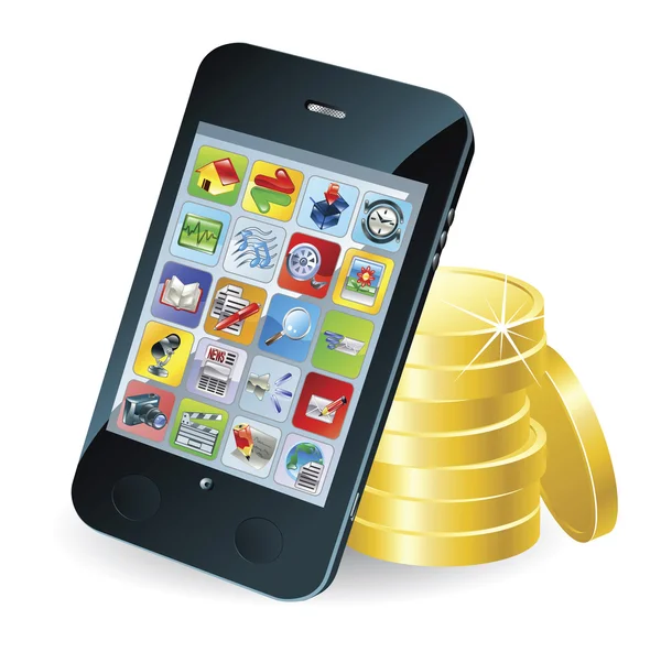 Illustrazione smart phone e monete — Vettoriale Stock