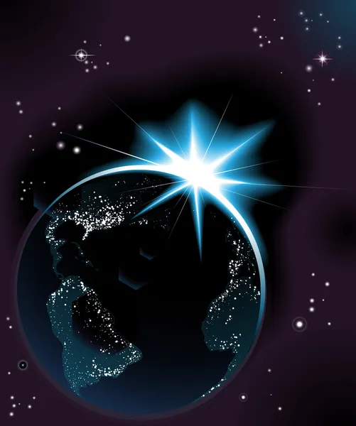 夜の時間の惑星の地球に昇る太陽 — ストックベクタ