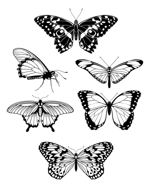 Lindas silhuetas de contorno de borboletas estilizadas — Vetor de Stock