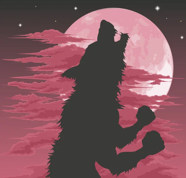 Silhouette di lupo mannaro che ulula alla luna — Vettoriale Stock