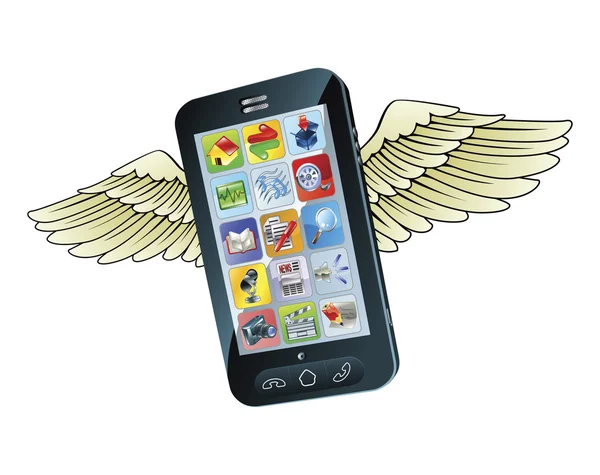 Slimme mobiele telefoon die met vleugels vliegen. — Stockvector