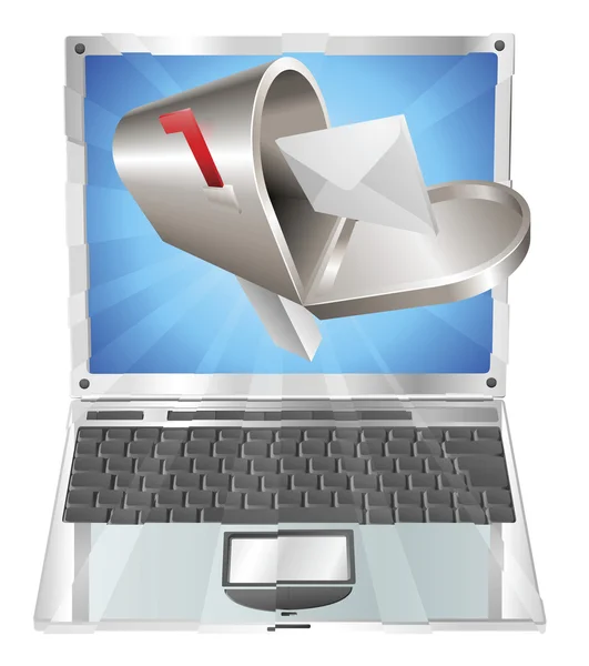 Carta buzón de correo volando fuera del concepto de pantalla portátil — Vector de stock