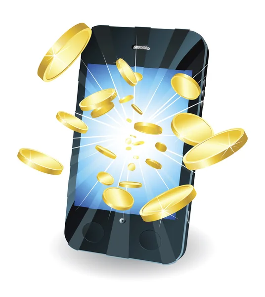 Monedas de oro volando desde un teléfono móvil inteligente — Vector de stock