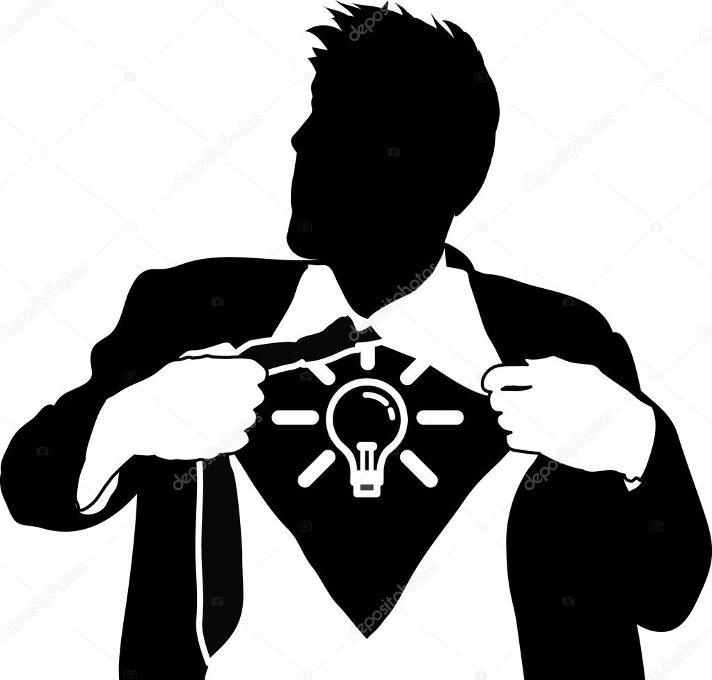 A businessman tearing open his shirt to reveal a light bulb idea icon