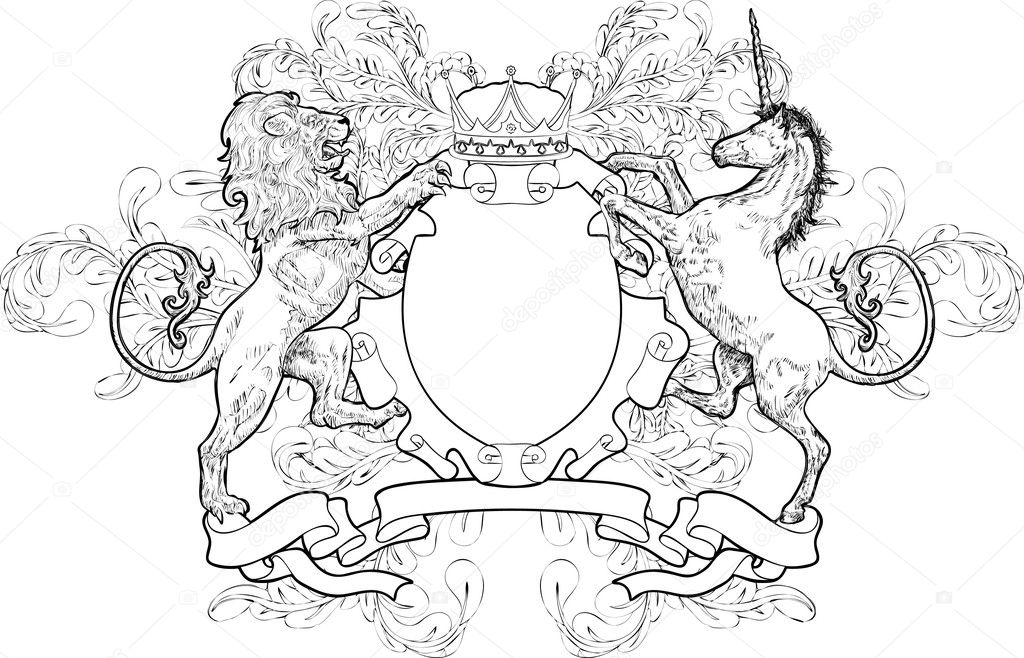 shield coat of arms lion, unicorn, crown