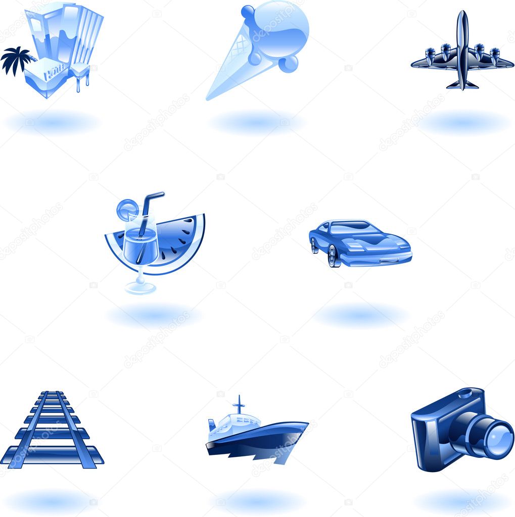 Blue travel and tourism icon set