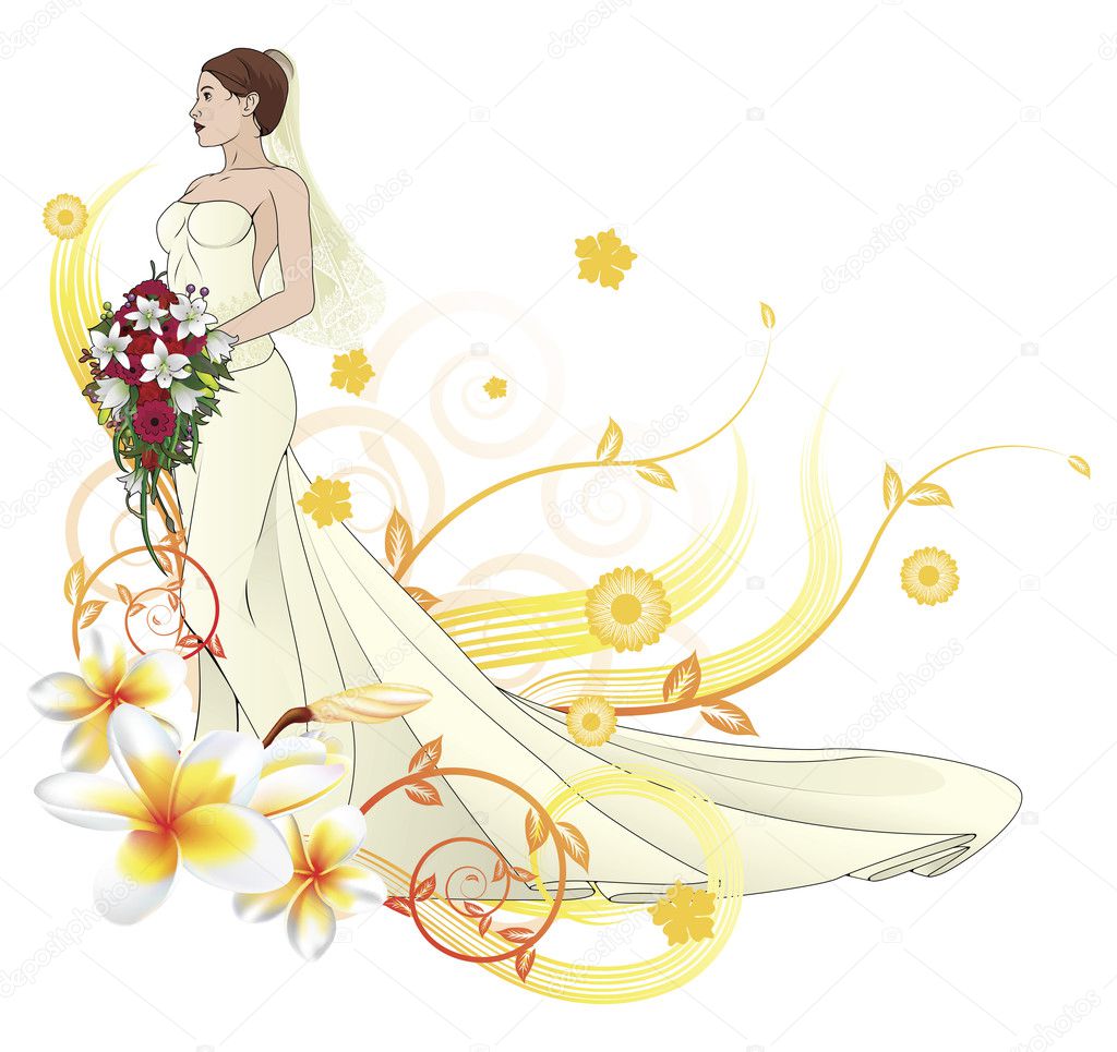 Bride beautiful wedding dress floral background