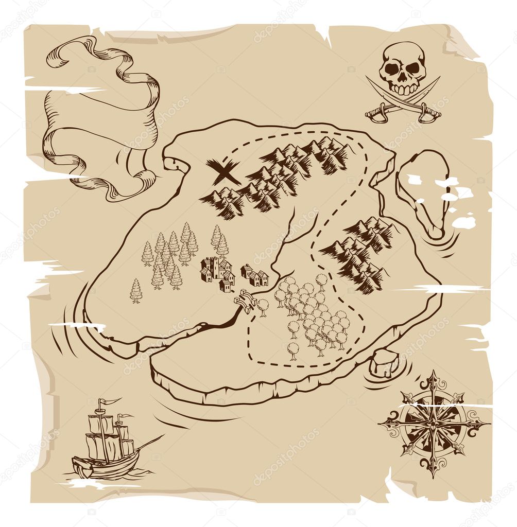 Pirate treasure map old scroll vector sketch of islands in ocean, pirate  ships, nautical compasses and anchors. Treasure islands with skulls, chest,  mountains and palms, parchment map of sea adventure Stock Vector |
