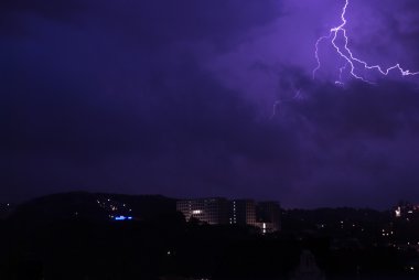 Lightening During Night With Visible Sillhuettes Of Buildings clipart