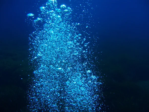 underwater looking up bubbles