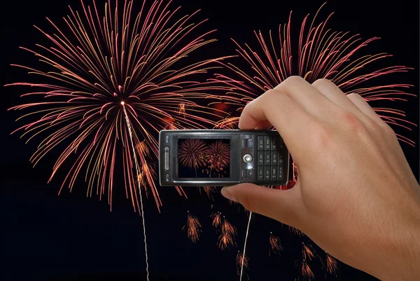 Mobile Phone With Hand Capturing Firework — Stock Photo, Image