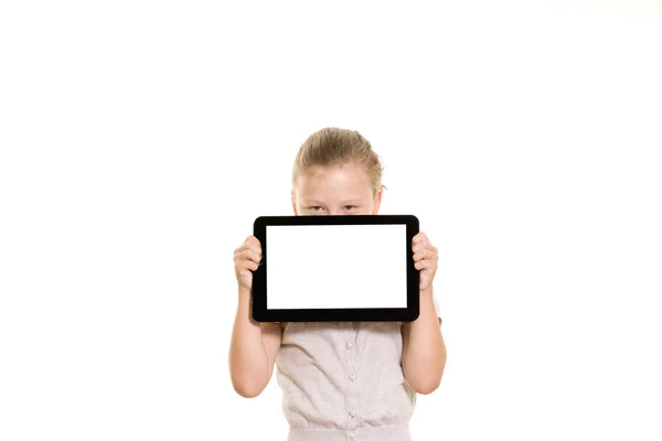 Chica sosteniendo la tableta pc Imagen de stock