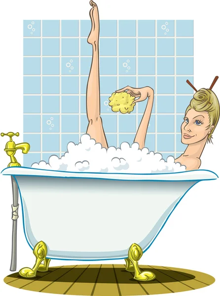 Rubia tomando un baño caliente, con esponja . — Vector de stock