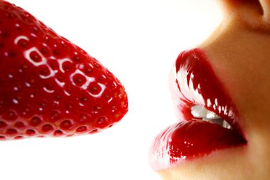 Beautiful woman red lips with strawberry clipart