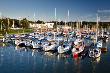 Harbour with boats in the lake at summer clipart