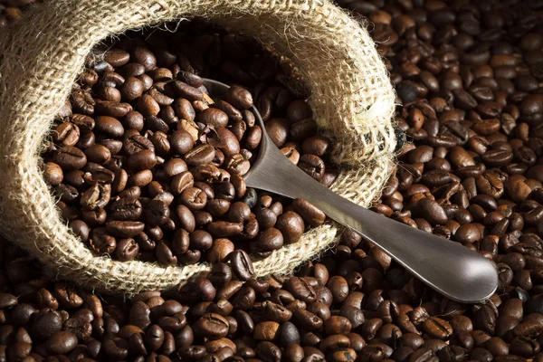 Kaffeesamen auf Klettenbeutel mit Metallschaufel — Stockfoto