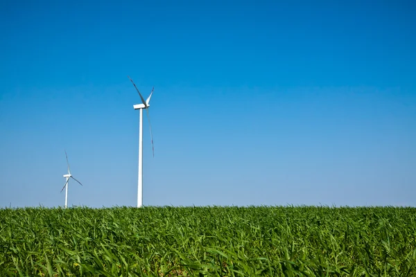 Rüzgar türbinleri ile mavi gök yeşil sahada — Stok fotoğraf