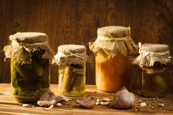 stock image Jar with vegetables and mushroom in basement