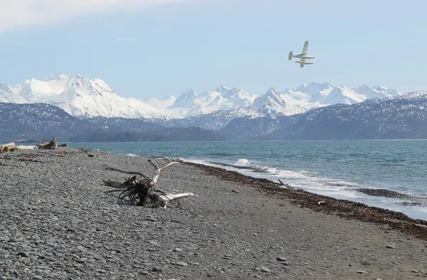 Alaskan strand mit wasserflugzeug — Stockfoto