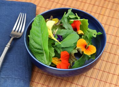Healthy organic green salad with edible flowers clipart