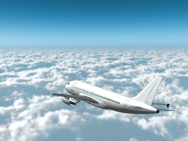 Airplane in the sky - Passenger aircraft in flight over the clouds side rear view clipart