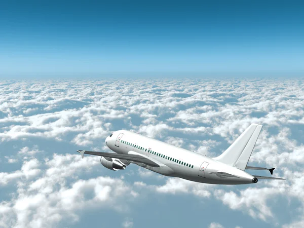 Aereo in cielo - Aereo passeggeri in volo sopra le nuvole vista posteriore laterale — Foto Stock